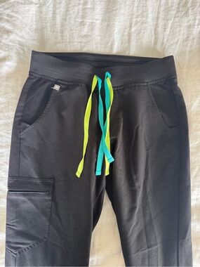 Figs Black Jogger Scrub Pants with Neon Lime & Teal Drawstrings